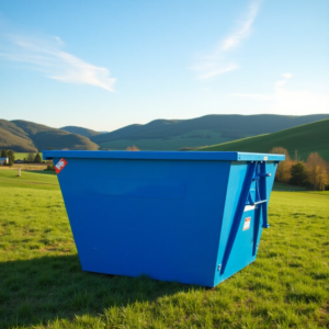 A blue front-load dumpster with a lid situated in a rural landscape with fields and trees in the background.