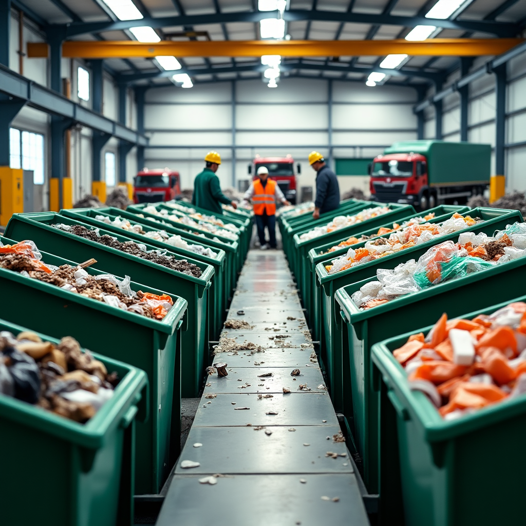 A modern recycling center with workers sorting waste on a conveyor belt, surrounded by color-coded bins and industrial recycling equipment.